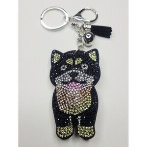 NWT Large Sparkly Puffy Black And Tan Husky Dog Keychain, Bag Charm With Tassel